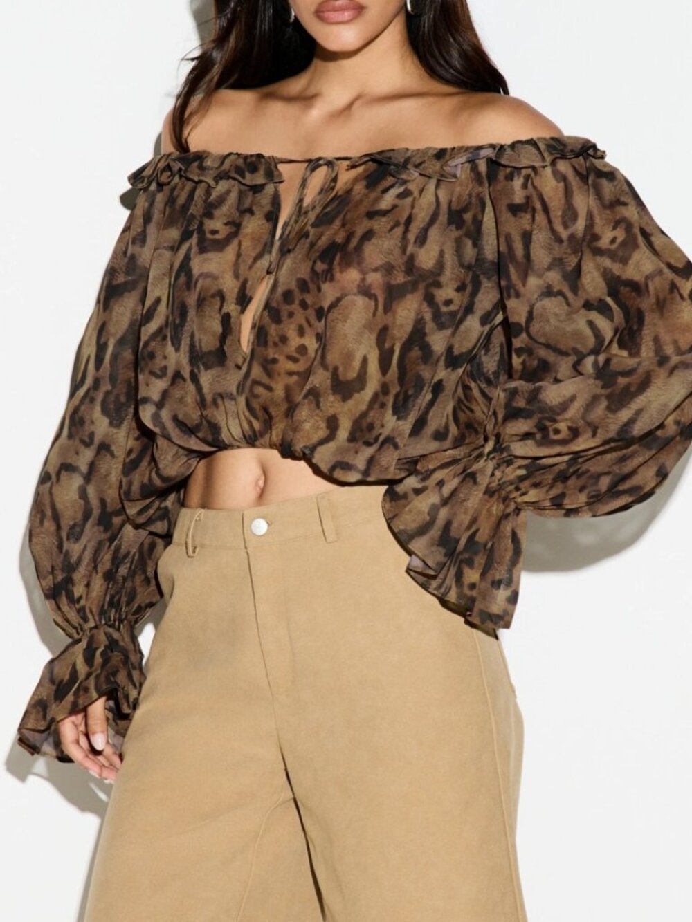 Brown Leopard Print Off Shoulder Blouse with Tie Front